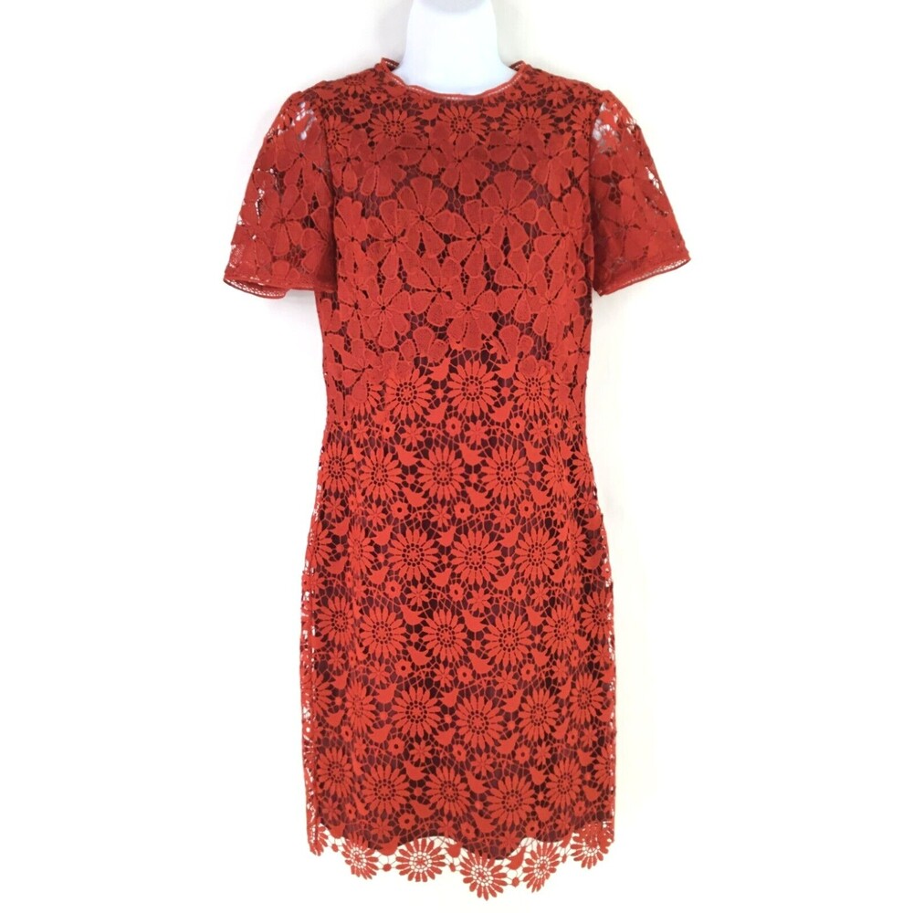Karen Millen Red Lace Sheath Dress sz 6 Flowers & Doves Novelty Embroidery $495